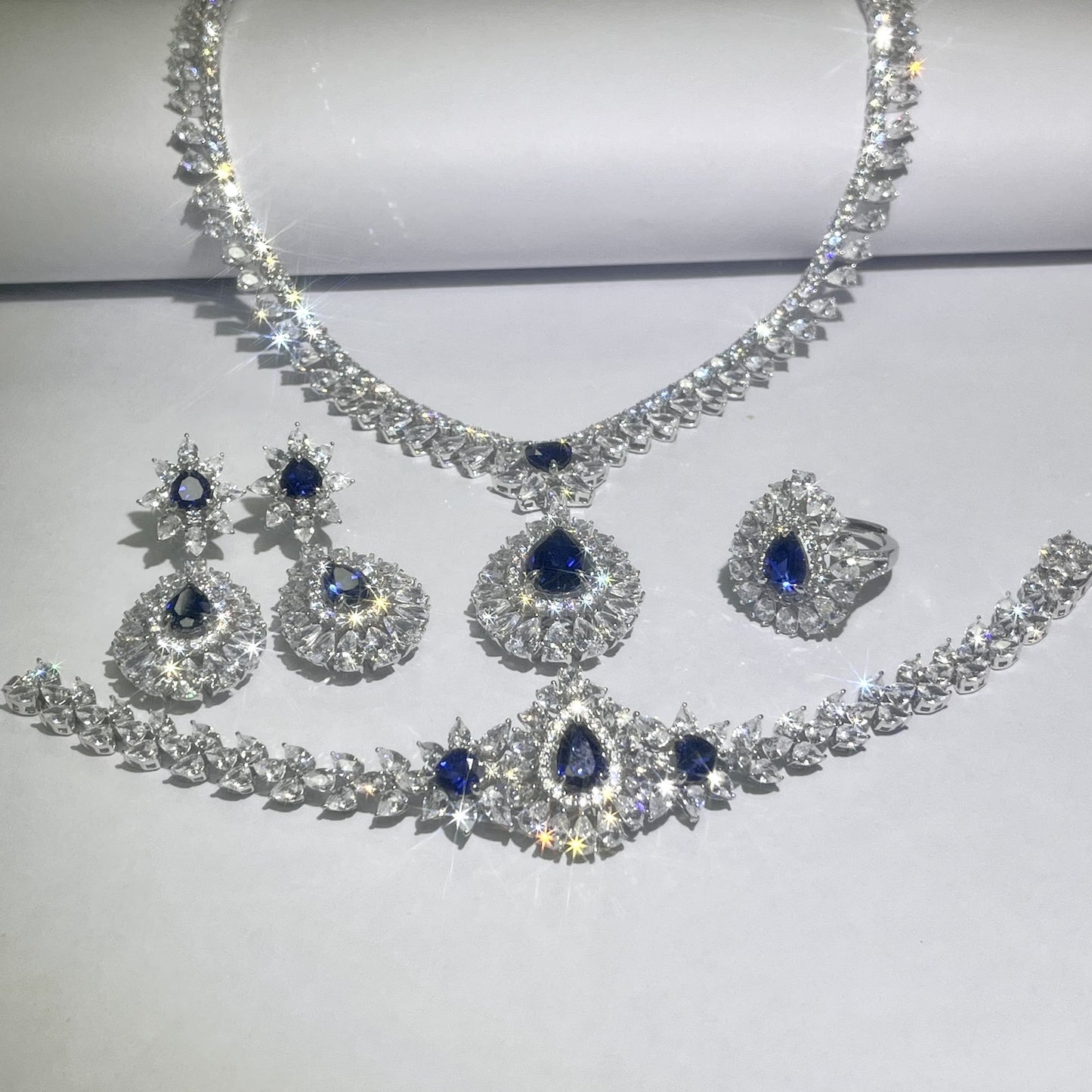 Pear Lab Sapphire Jewelry Set | Rhodium-Plated S925 Silver, Custom Available