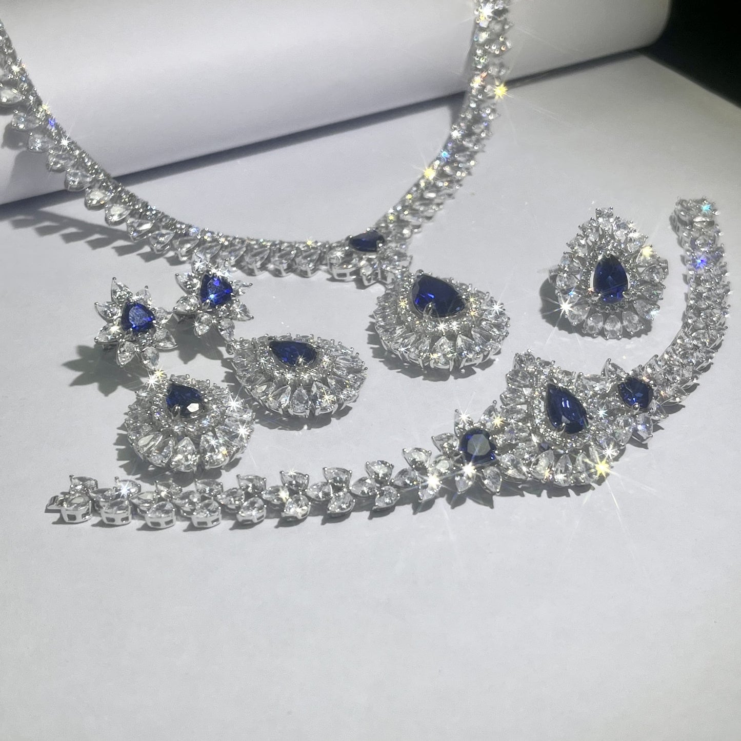 Pear Lab Sapphire Jewelry Set | Rhodium-Plated S925 Silver, Custom Available
