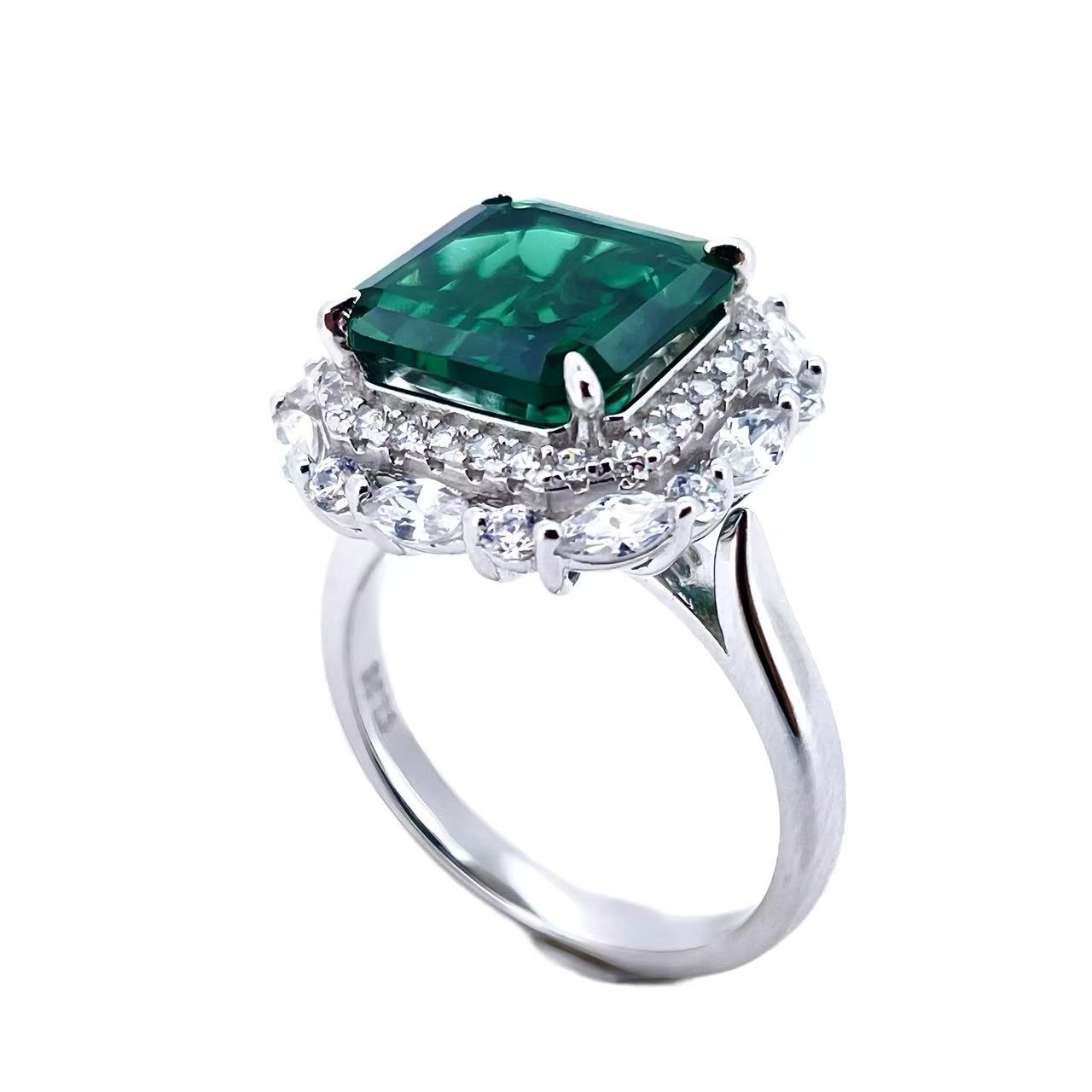10mm 3.58Ct Square Lab Emerald Ring | Rhodium-Plated S925 Silver, Custom Available