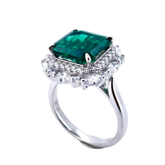 10mm 3.58Ct Square Lab Emerald Ring | Rhodium-Plated S925 Silver, Custom Available