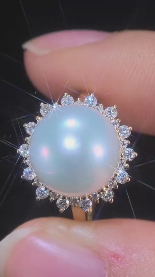 11.4mm Round Saltwater Pearl Ring | Pearl 18K Gold Ring, Custom Available